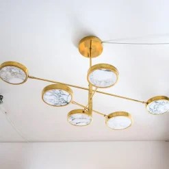 Lampadario Sistema Solare a 6 luci in Ottone e Marmo Calacatta Gold