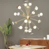 Lampadario Sputnik in Alabastro Bianco e Ottone satinato
