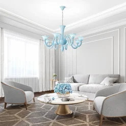 Lampadario Tatiana a 8 Luci in Vetro Soffiato Azzurro Chiaro