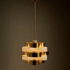 Lampadario Vertigo in ottone satinato e alabastro