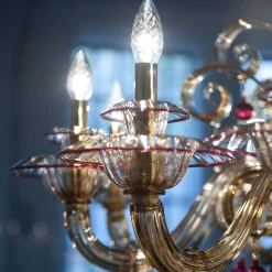 Lampadario Vespucci a 10 luci in vetro di Murano color fumè e rubino