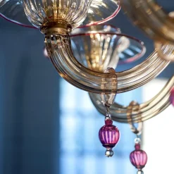Lampadario Vespucci a 10 luci in vetro di Murano color fumè e rubino