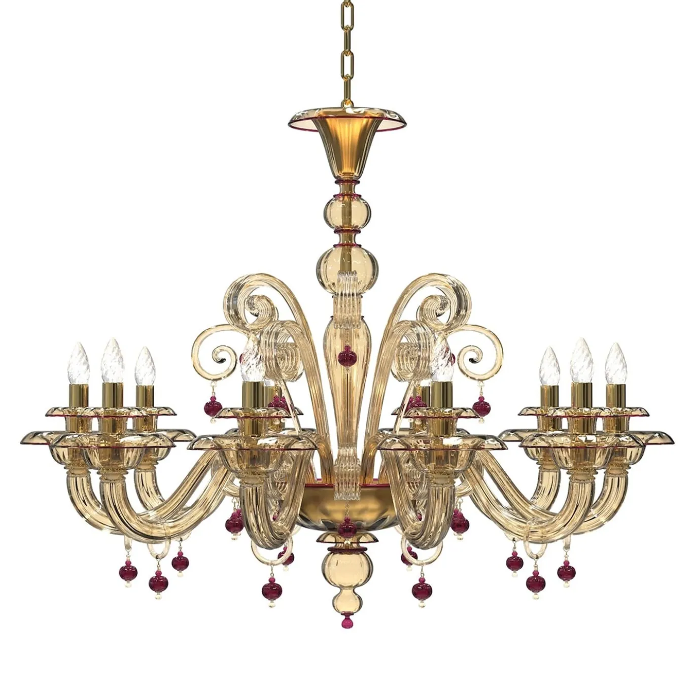 Lampadario Vespucci a 10 luci in vetro di Murano color fumè e rubino
