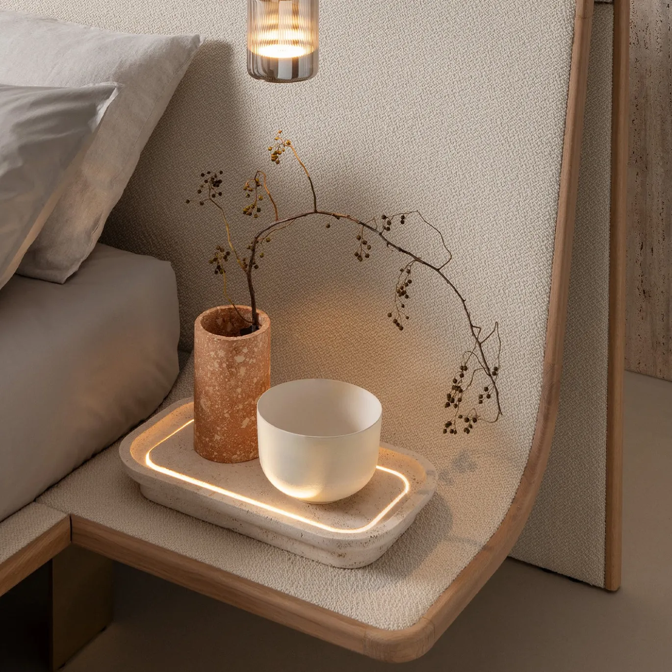 Letto Celeste con vassoi in travertino incorporati