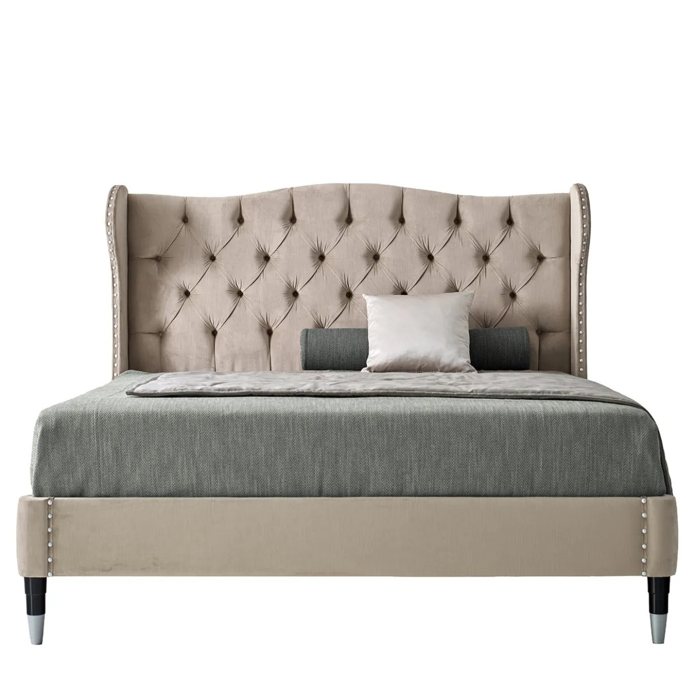 Letto imbottito beige con gambe in legno di faggio e metallo