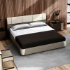 Letto imbottito in pelle beige Dorian con dettagli in metallo
