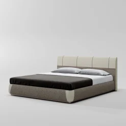 Letto imbottito in pelle beige Dorian con dettagli in metallo