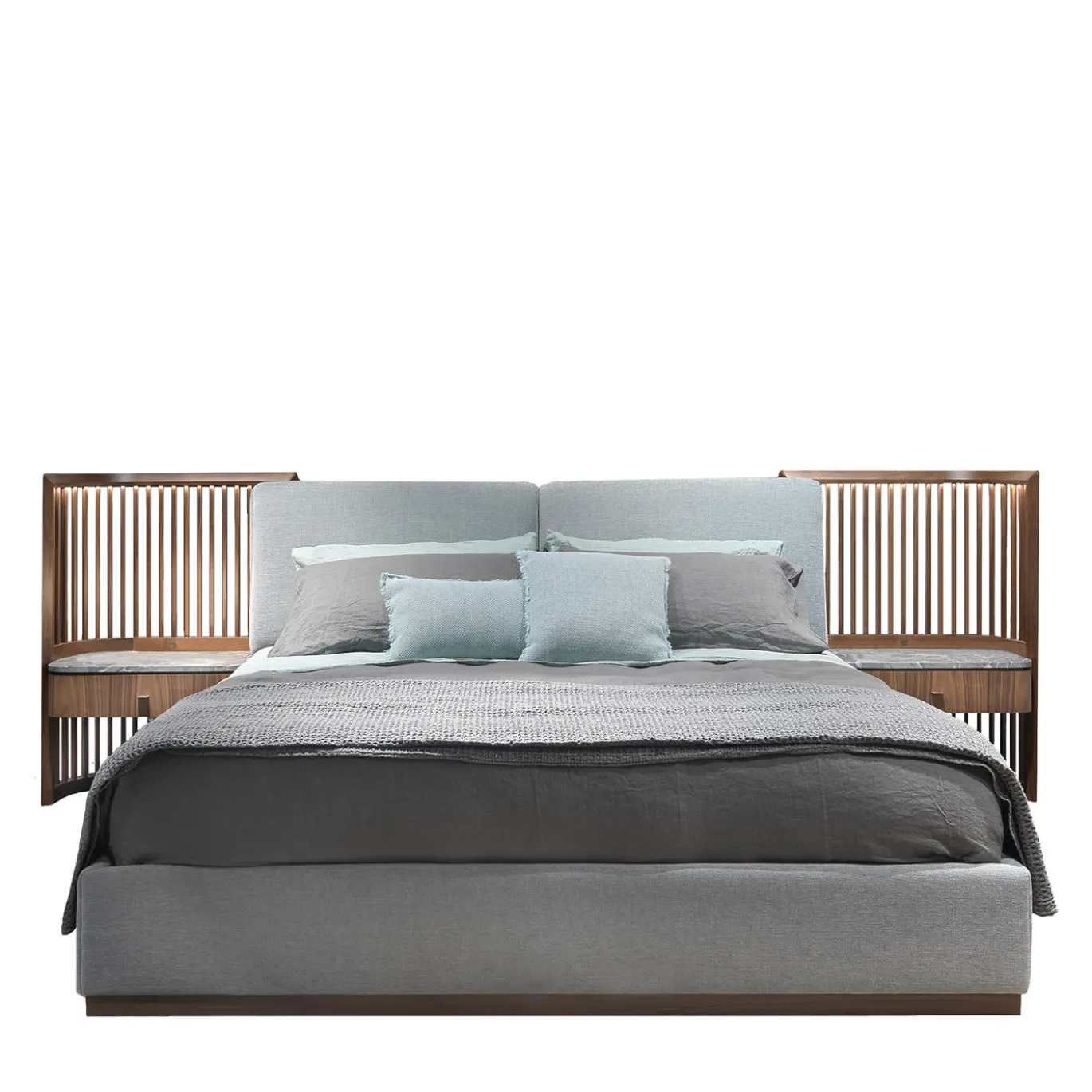 Letto in noce con comodini incorporati e struttura del letto imbottita