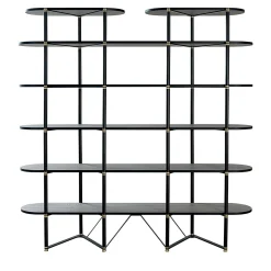 Libreria Boomerang in metallo nero e ottone con 6 ripiani di Pietro Russo Design