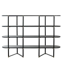 Libreria Boomerang in metallo nero e ottone con 4 ripiani di Pietro Russo Design