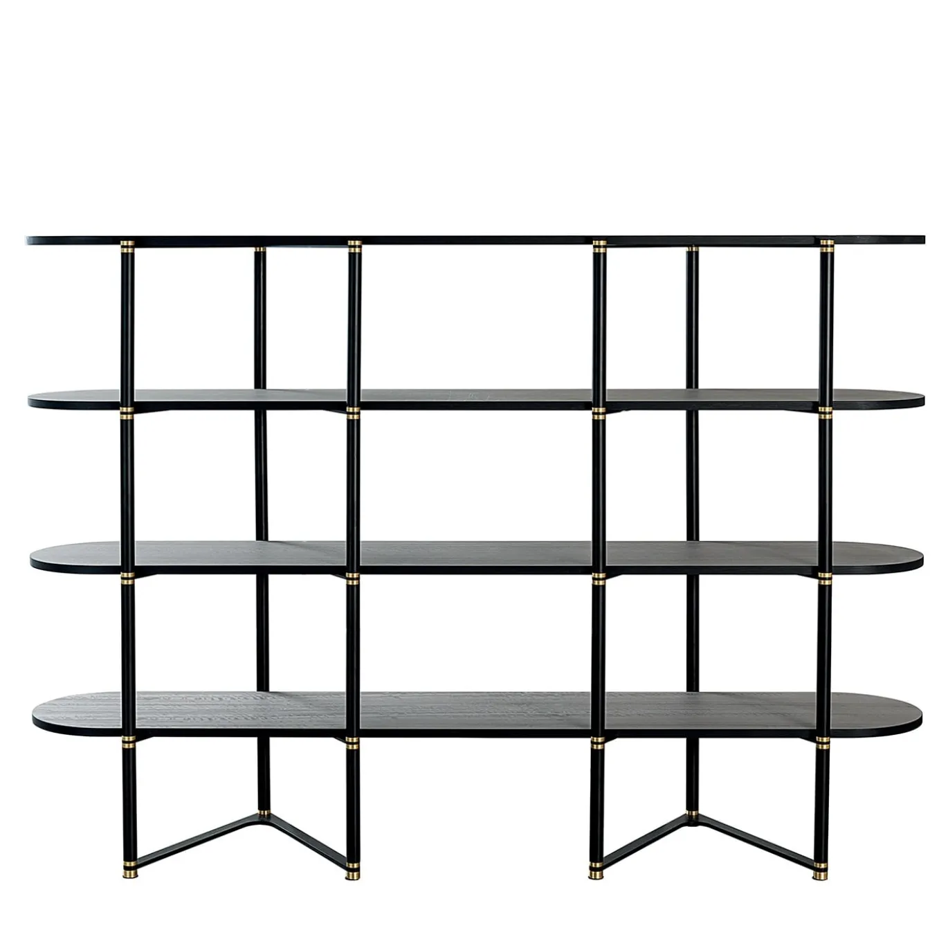 Libreria Boomerang in metallo nero e ottone con 4 ripiani di Pietro Russo Design