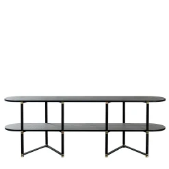Libreria Boomerang in metallo nero e ottone con 2 ripiani di Pietro Russo Design