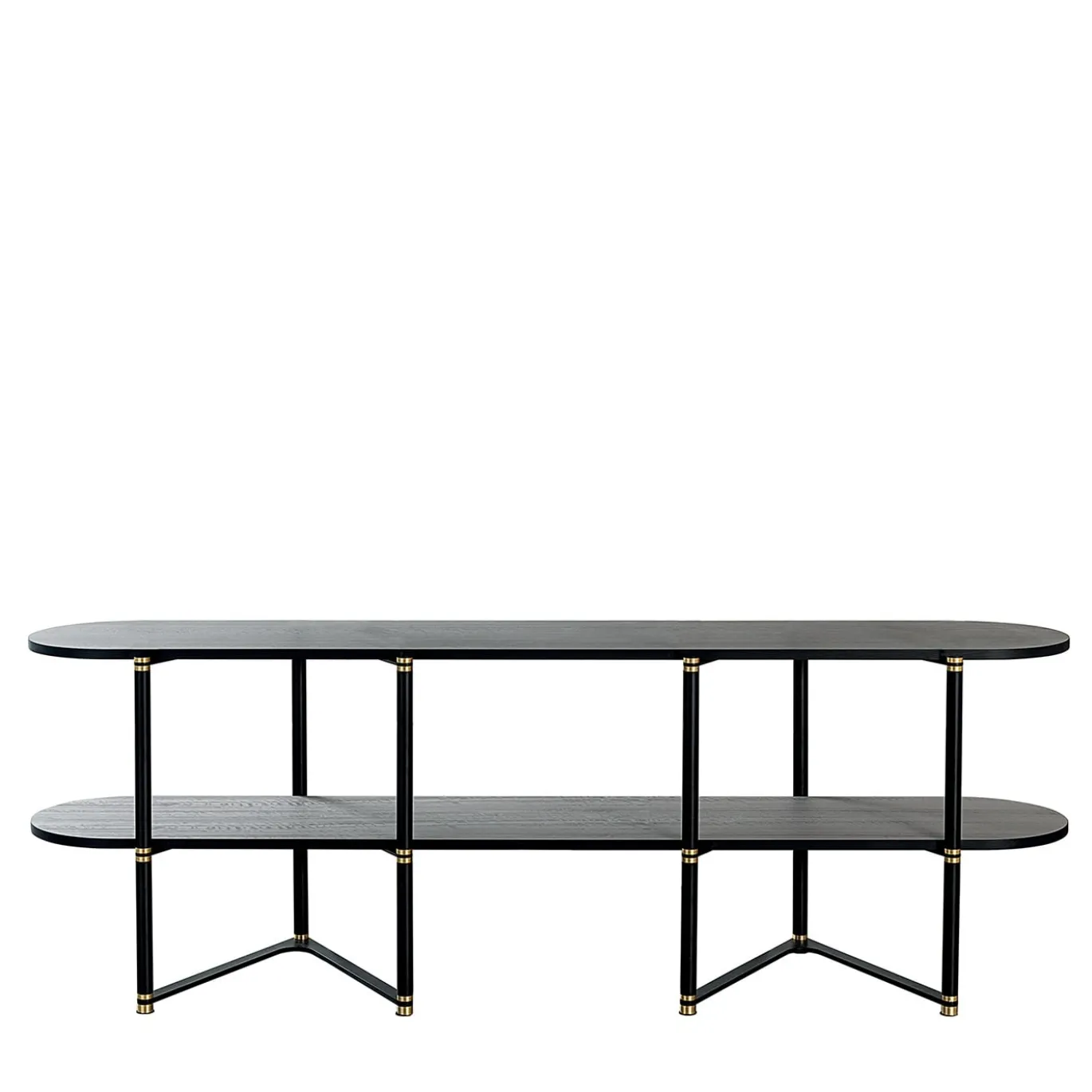 Libreria Boomerang in metallo nero e ottone con 2 ripiani di Pietro Russo Design