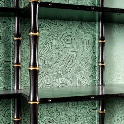 Libreria Corniglia Bamboo grande laccata nera lucida con pannelli verde acqua