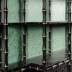 Libreria Corniglia Bamboo grande laccata nera lucida con pannelli verde acqua