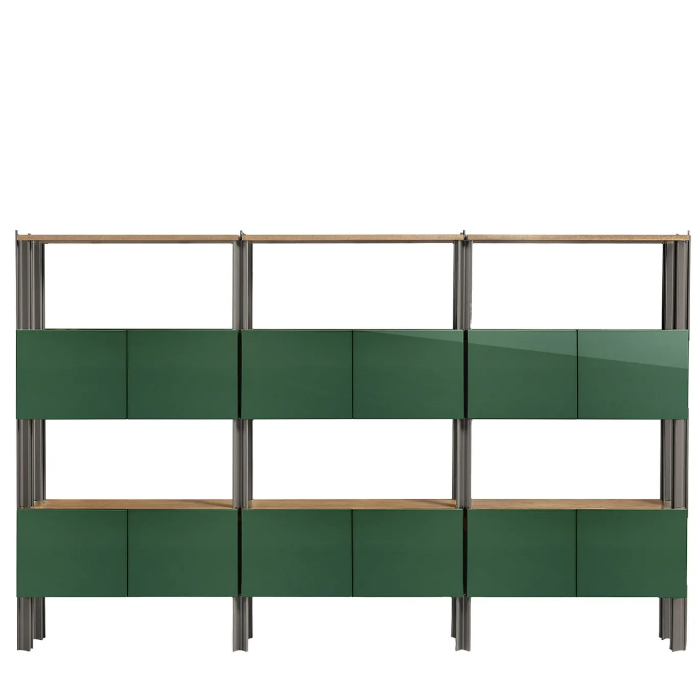 Libreria Flexor in legno laccato lucido verde e alluminio di Robert Stadler
