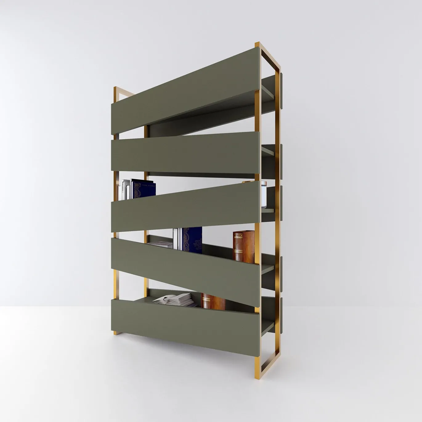 Libreria M19 in legno laccato verde e metallo