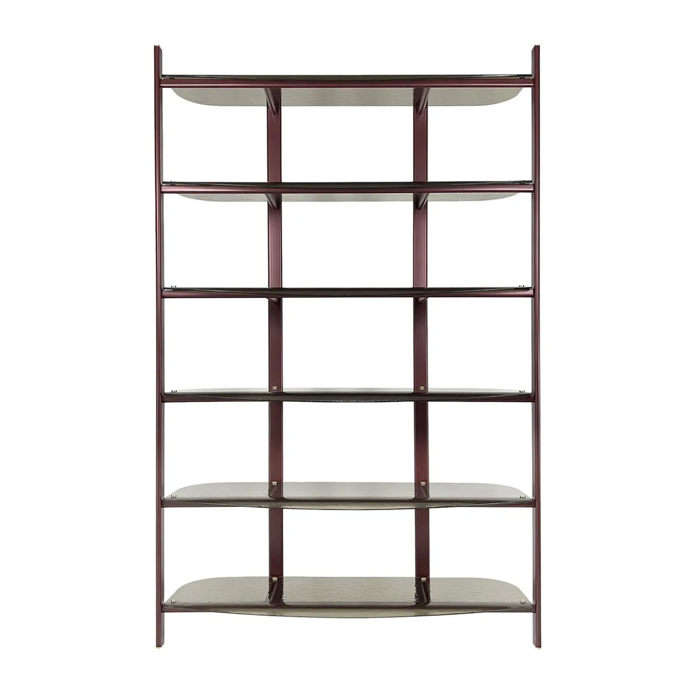 Libreria Petra in metallo rosso con mensole in vetro bronzo curvato