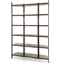 Libreria Petra in metallo rosso con mensole in vetro bronzo curvato