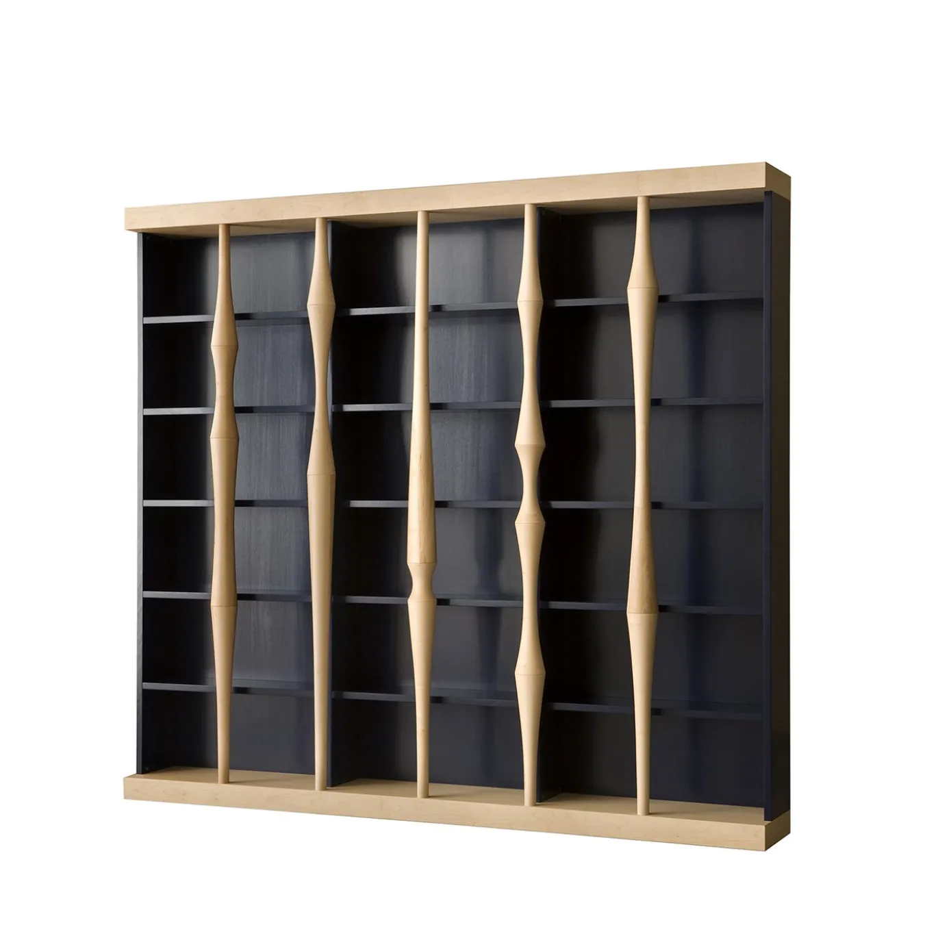 Libreria scultorea Berenice in legno di ciliegio blu con colonne in acero di Luca Scacchetti