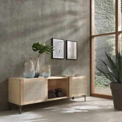Mobile Porta TV Elisa in Legno con Ante in Tessuto di Midollo