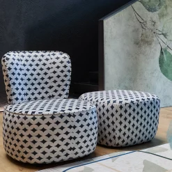 Otomano Quadrato Filicudi con Motivo Geometrico Blu e Bianco