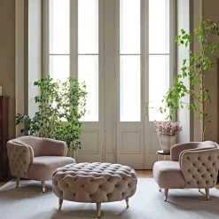 Ottomana rotonda in pelle beige con inserti Savoi