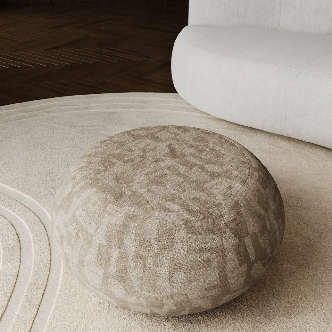 Ottomano rotondo Kuna con base in legno