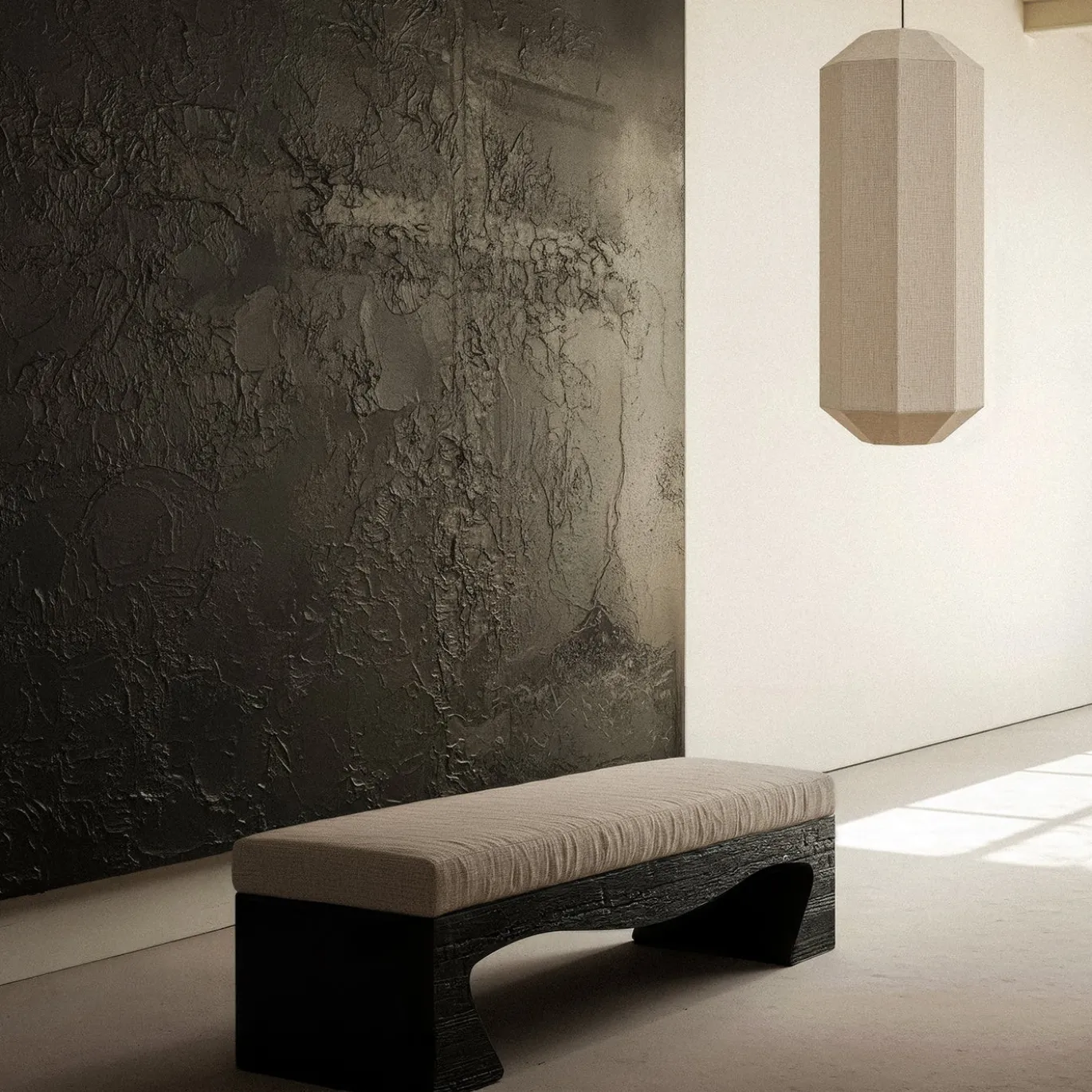 Panchina AR04 in legno bruciato con cuscino rivestito in lino