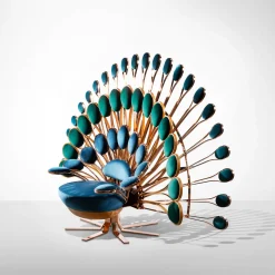 Pavone Poltrona in Tessuto Blu e Petalo in Ottone