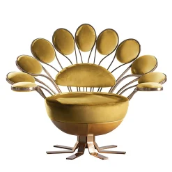 Pavone Poltrona in Tessuto Oro e Petalo in Ottone