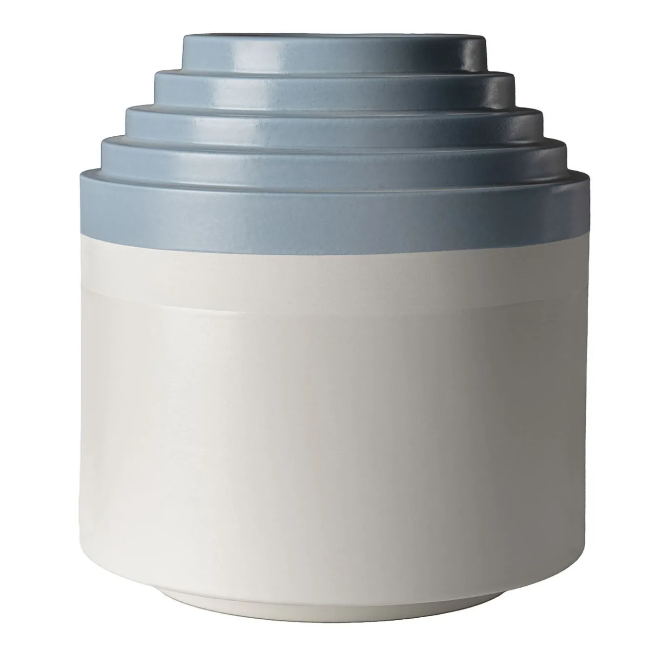 Piccolo vaso rotondo bianco e azzurro di Ettore Sottsass
