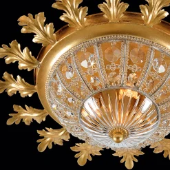 Plafoniera a 3 luci in metallo con foglia d'oro e cristallo con motivo a foglie