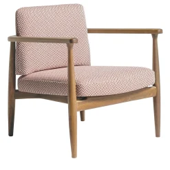 Poltrona Arne in legno di Iroko e tessuto rosso di Roberto Lazzeroni