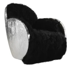 Poltrona girevole Egg Lush in pelliccia nera e argento