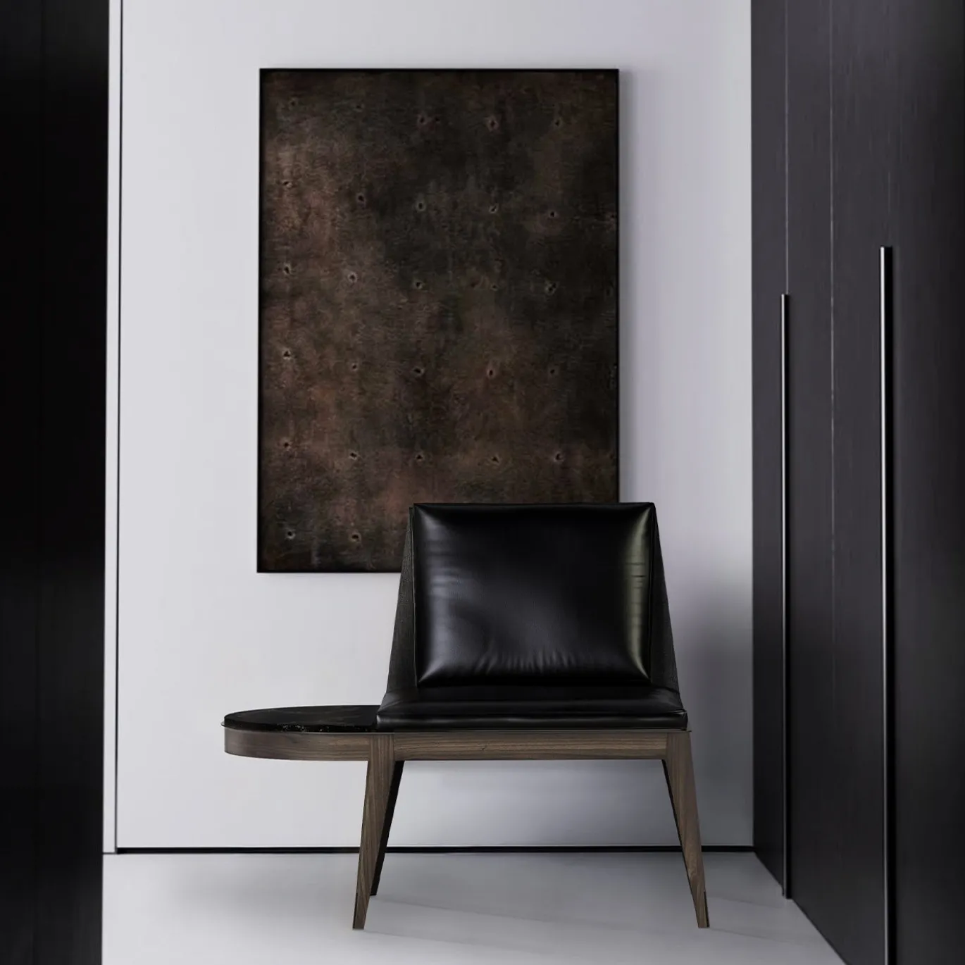 Poltrona lounge con tavolino laterale in legno di frassino nero della Costa Ovest con marmo Vanilla Noir