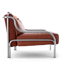 Poltrona Stringa 1963 in pelle marrone e acciaio di Gae Aulenti