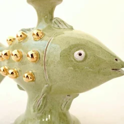 Portacandela Zoomorfo Pesce In Ceramica Verde