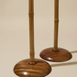 Portacandele Bamboo Alto Naturale Con Dettagli In Noce