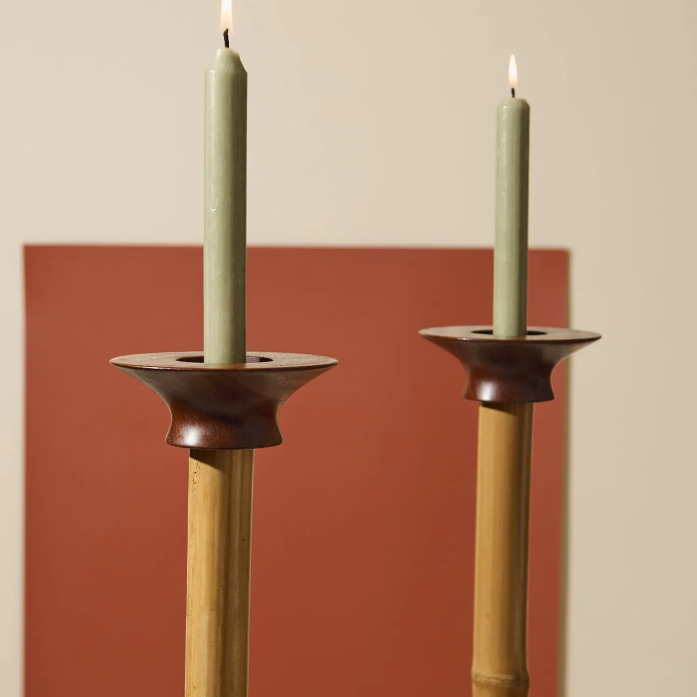 Portacandele Bamboo Alto Naturale Con Dettagli In Noce