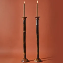 Portacandele Bamboo Medio Nero Con Dettagli In Noce