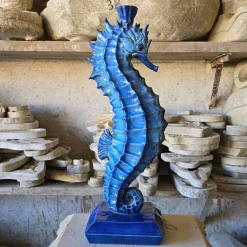 Portacandele in ceramica blu a forma di cavalluccio marino