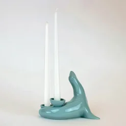 Portacandele in Ceramica Fiamme Bestiali Foca Grigia/Azzurra