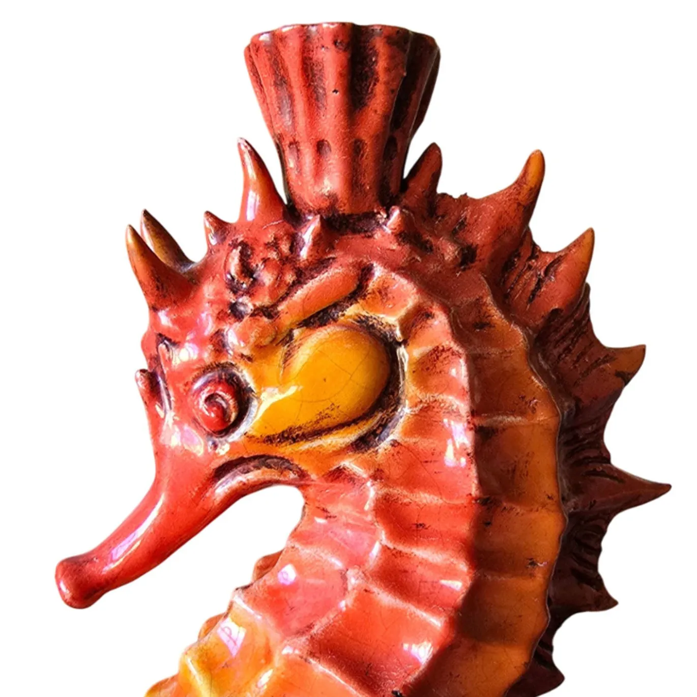 Portacandele in ceramica rossa a forma di cavalluccio marino