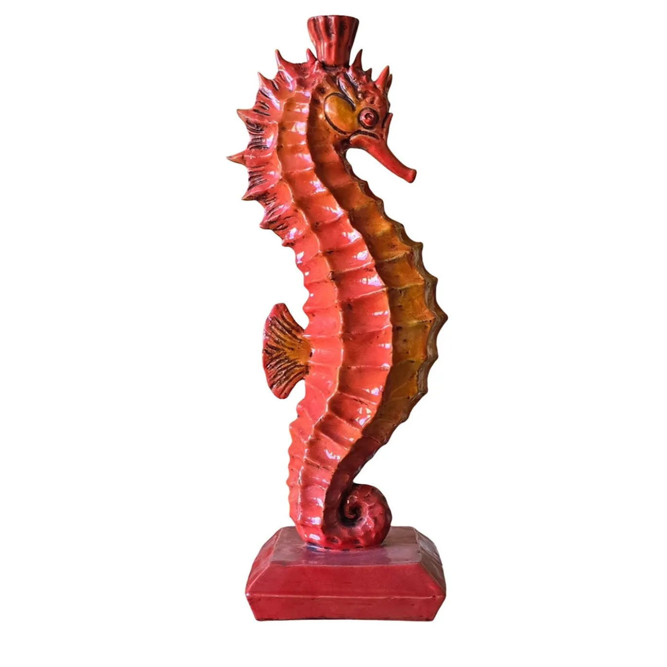 Portacandele in ceramica rossa a forma di cavalluccio marino