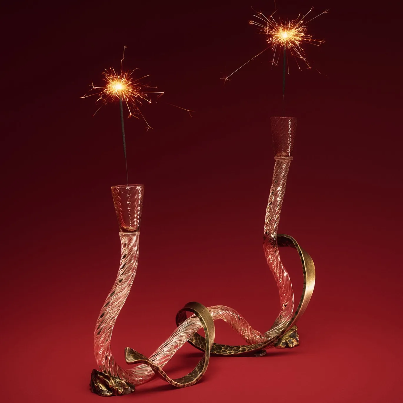 Portacandele Ribbon in Vetro di Murano Champagne e Ottone Curvato a Mano