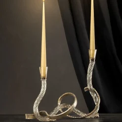 Portacandele Ribbon in Vetro di Murano Champagne e Ottone Curvato a Mano