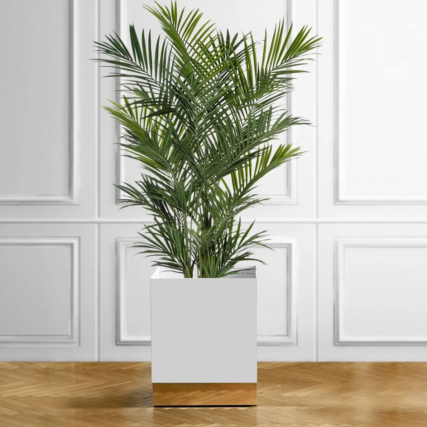 Portavaso a Rotelle In Metallo Bianco E Ottone a Base Quadrata