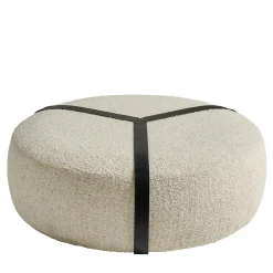 Pouf Brooklyn in Bouclé Bianco e Cinture in Pelle Nera