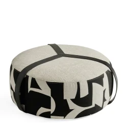 Pouf Brooklyn in Bouclé Bianco e Nero con Cinture in Pelle Nera